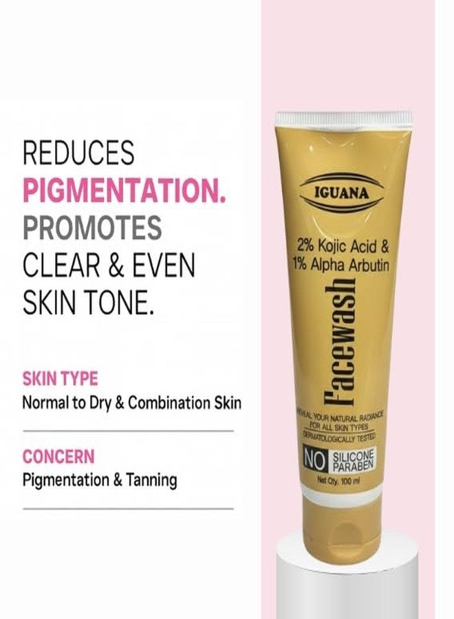 Iguana 2% Kojic Acid Face Wash with 1% Alpha Arbutin | Brightening Facial Cleanser for Dark Spots, Pigmentation & Uneven Skin Tone | Paraben-Free | 100 ml (3.38 fl oz) - Image 2